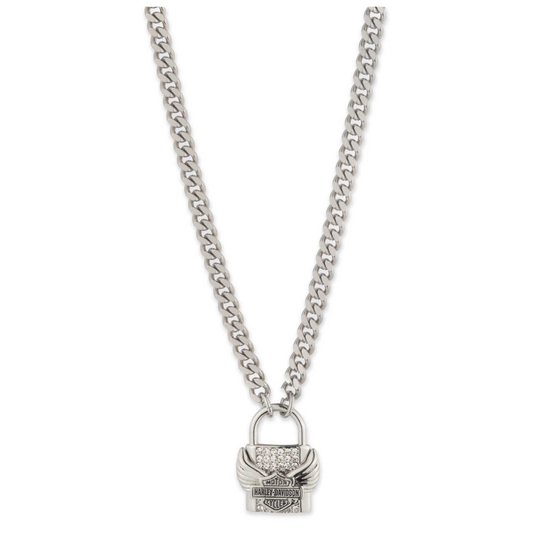 Harley-Davidson® Women's 16 in Bar & Shield Winged Lock Pendant Necklace - Silver