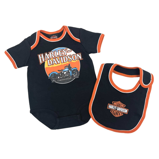 Harley-Davidson® Boys' Short Sleeve Creeper & Bib Set - Black/Orange