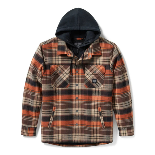 Harley-Davidson® Men's Hooded Shirt Jacket- Black/Brown Plaid