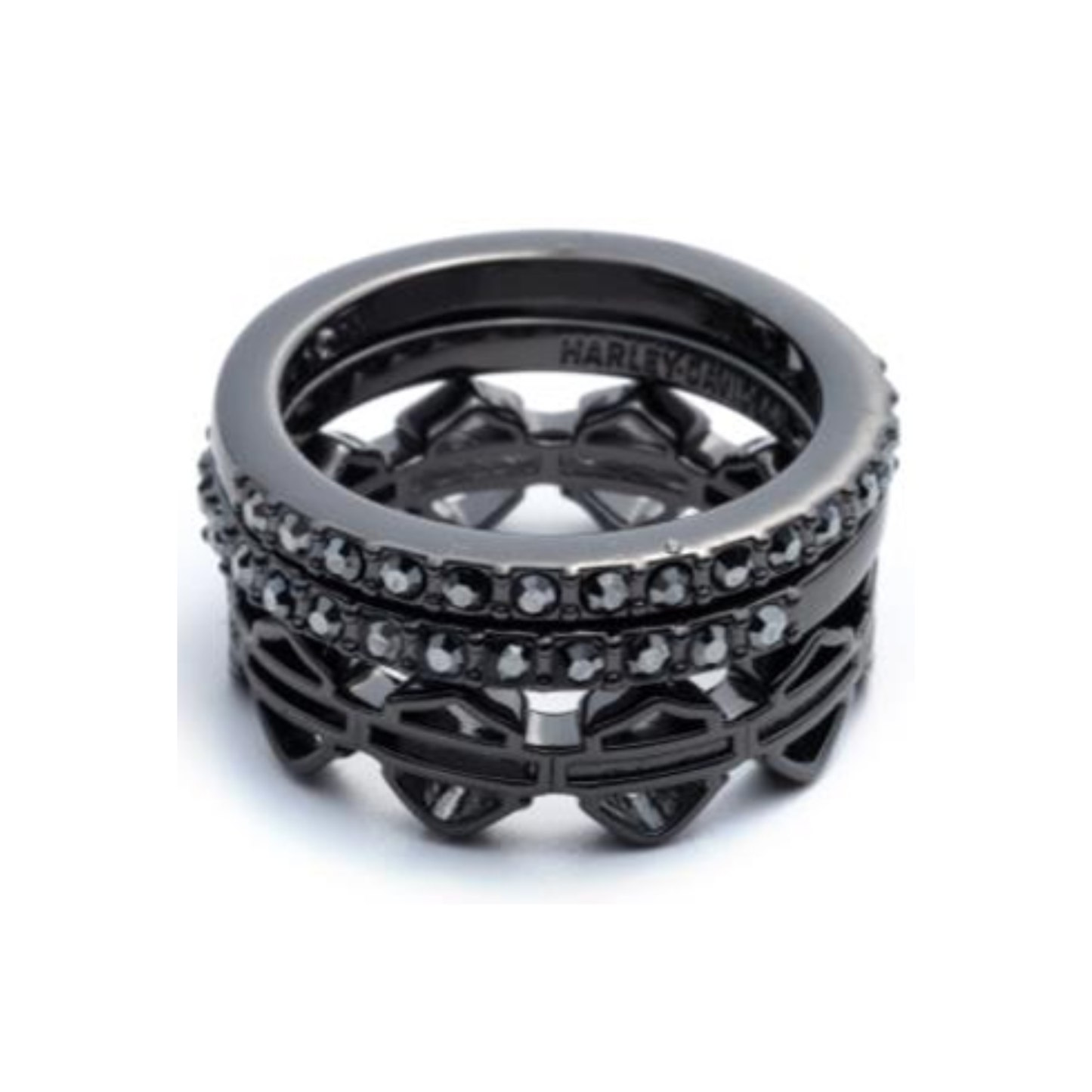Harley-Davidson® Women's Set of 3 Pave Bar & Shield Logo Stackable Rings - Hematite