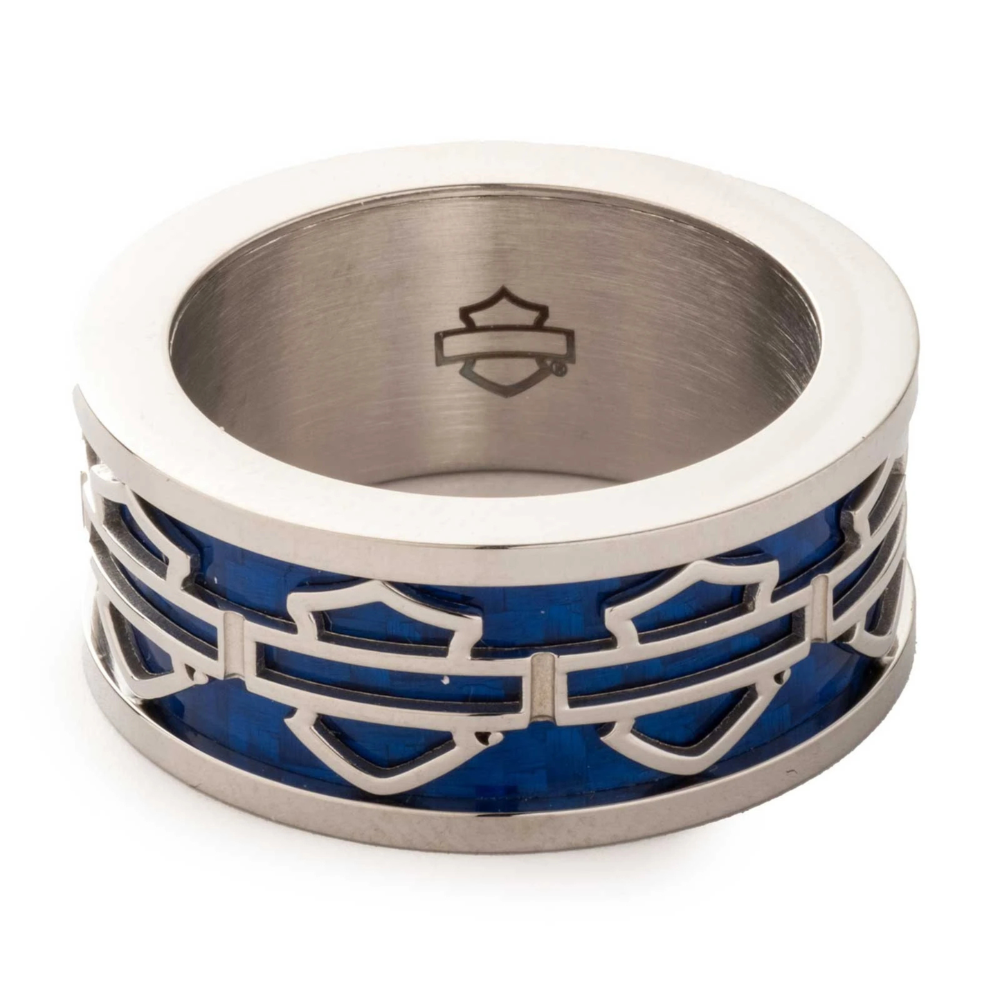 Harley-Davidson® Men's Blue Bar & Shield Logo Stainless Steel Band Ring - Silver