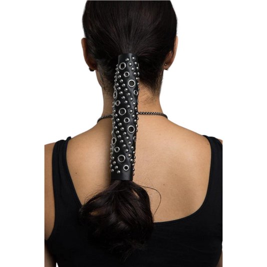 Hair Glove® 8" Leather Silver Eyelets and Rivets Ponytail Hair Wrap