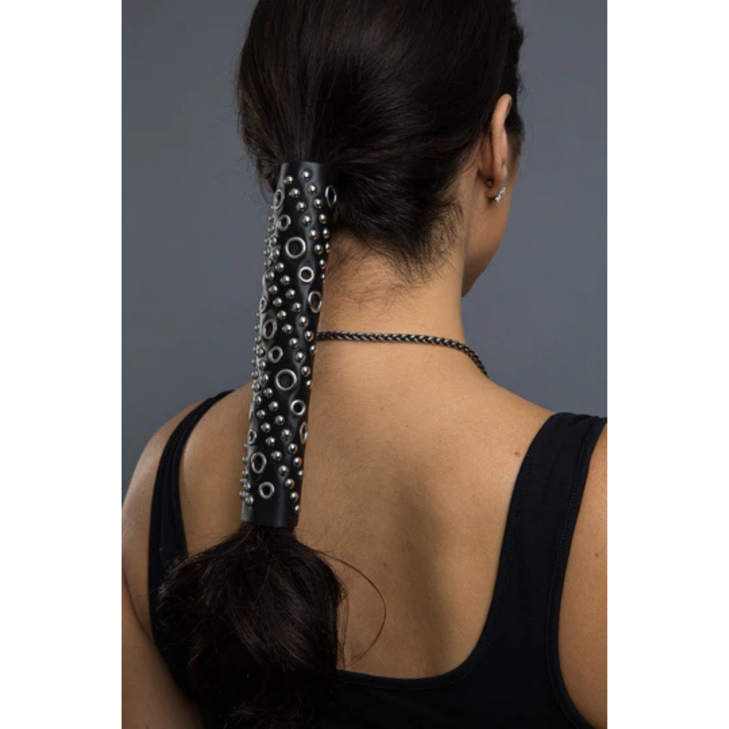Hair Glove® 8" Leather Silver Eyelets and Rivets Ponytail Hair Wrap