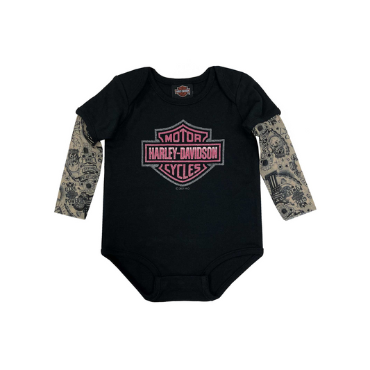Harley-Davidson® Baby Girls' Glitter B&S Mesh Tattoo Long Sleeve Creeper