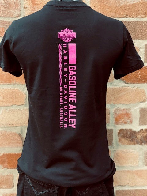 Gasoline Alley Harley-Davidson® Ladies Bar & Shield Dealer Tee – Black/Pink