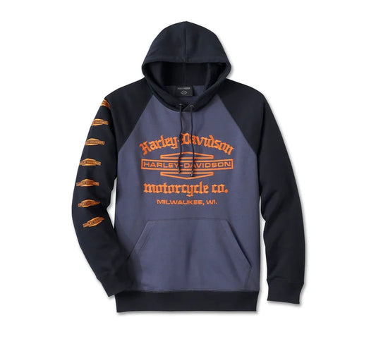 Harley-Davidson® Men's Old English Stacked Bar & Shield Raglan Hoodie - Colorblock - Harley Black & Surf the Web