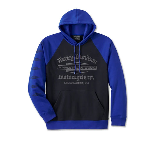 Harley-Davidson® Men's Old English Stacked Bar & Shield Raglan Hoodie - Colorblocked - Ombre Blue & Harley Black