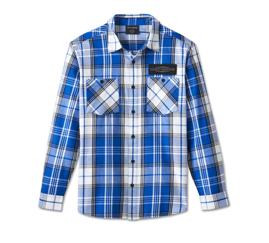 Harley-Davidson® Men's Stacked Bar & Shield Long Sleeve Plaid Shirt - Plaid - Surf the Web & White