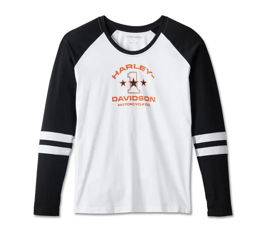 Harley-Davidson® Women's First-Class Long Sleeve Raglan Top - Colorblock - Bright White & Harley Black