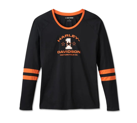 Harley-Davidson® Women's First-Class Long Sleeve Raglan Top - Colorblock - Harley Black & Harley Orange