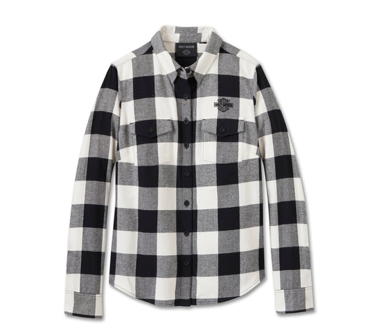 Harley-Davidson® Women's Retro Long Sleeve Flannel Shirt - Plaid - Cloud Dancer & Harley Black