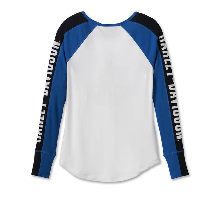 Harley-Davidson® Women's Bar & Shield Raglan Long Sleeve Tee - Colorblocked - Bright White