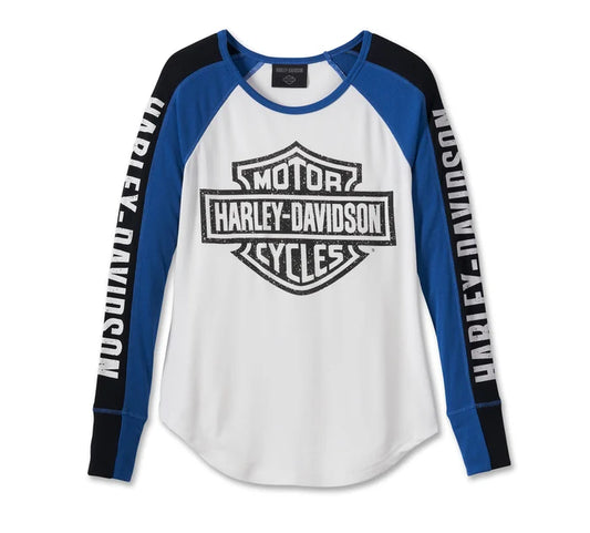 Harley-Davidson® Women's Bar & Shield Raglan Long Sleeve Tee - Colorblocked - Bright White