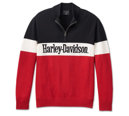 Harley-Davidson® Men's Darting 1/4 Zip Sweater - Colorblocked - Chili Pepper