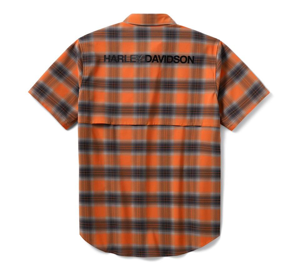 Harley-Davidson® Men's H-D TECH Vented Stretch Comfort Shirt - Plaid - Harley Orange & Harley Black