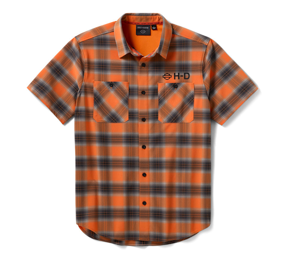 Harley-Davidson® Men's H-D TECH Vented Stretch Comfort Shirt - Plaid - Harley Orange & Harley Black