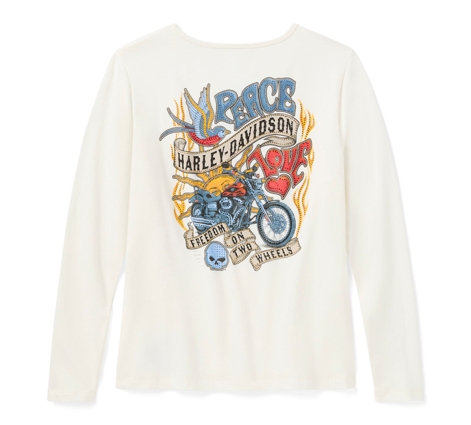 Harley-Davidson® Women's Bling Freedom on Wheels Long Sleeve Rip & Repair Crew Tee - Cloud Dancer