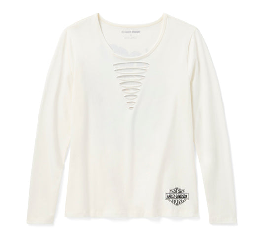 Harley-Davidson® Women's Bling Freedom on Wheels Long Sleeve Rip & Repair Crew Tee - Cloud Dancer