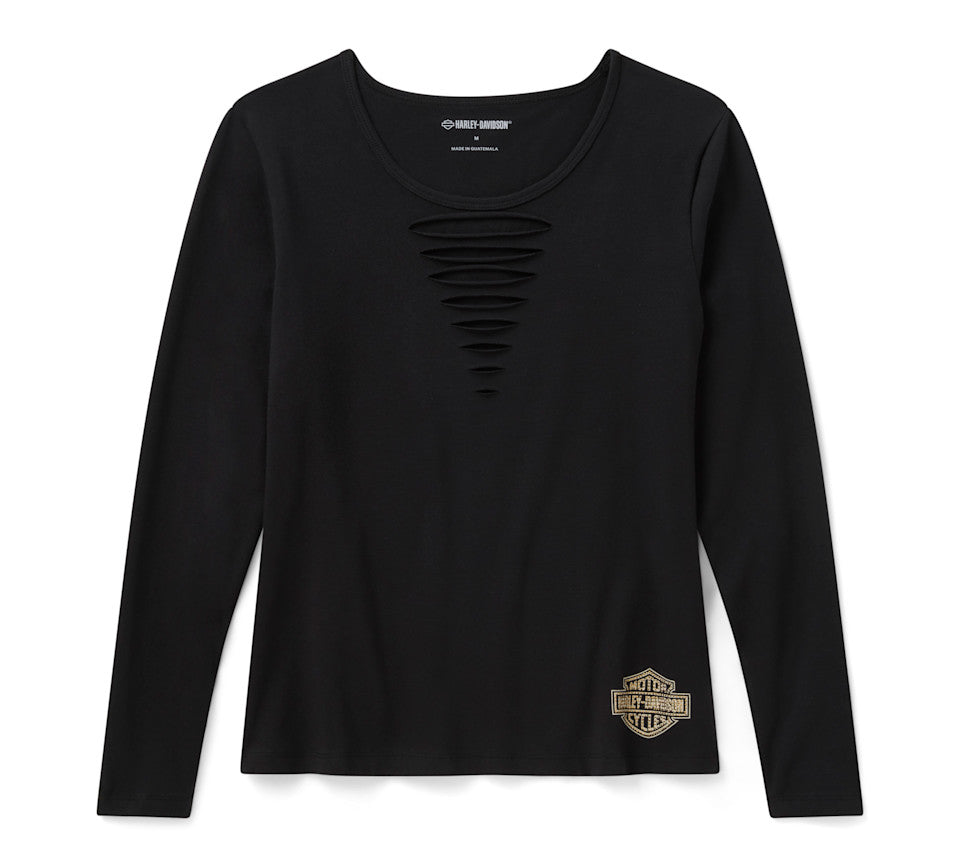 Harley-Davidson® Women's Bling Freedom on Wheels Long Sleeve Rip & Repair Crew Tee - Harley Black