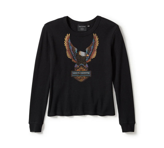 Harley-Davidson® Women's Neon Eagle Distressed Waffle Knit Long Sleeve - Harley Black