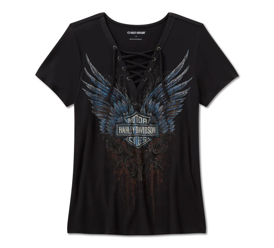 Harley-Davidson® Women's Bling Dark Angel Short Sleeve Laced Front Tee - Harley Black