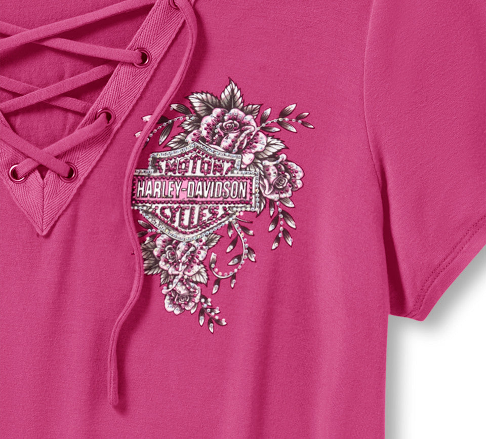 Harley-Davidson® Women's Bling Angel Wings Short Sleeve Laced Front Tee - Fuchsia