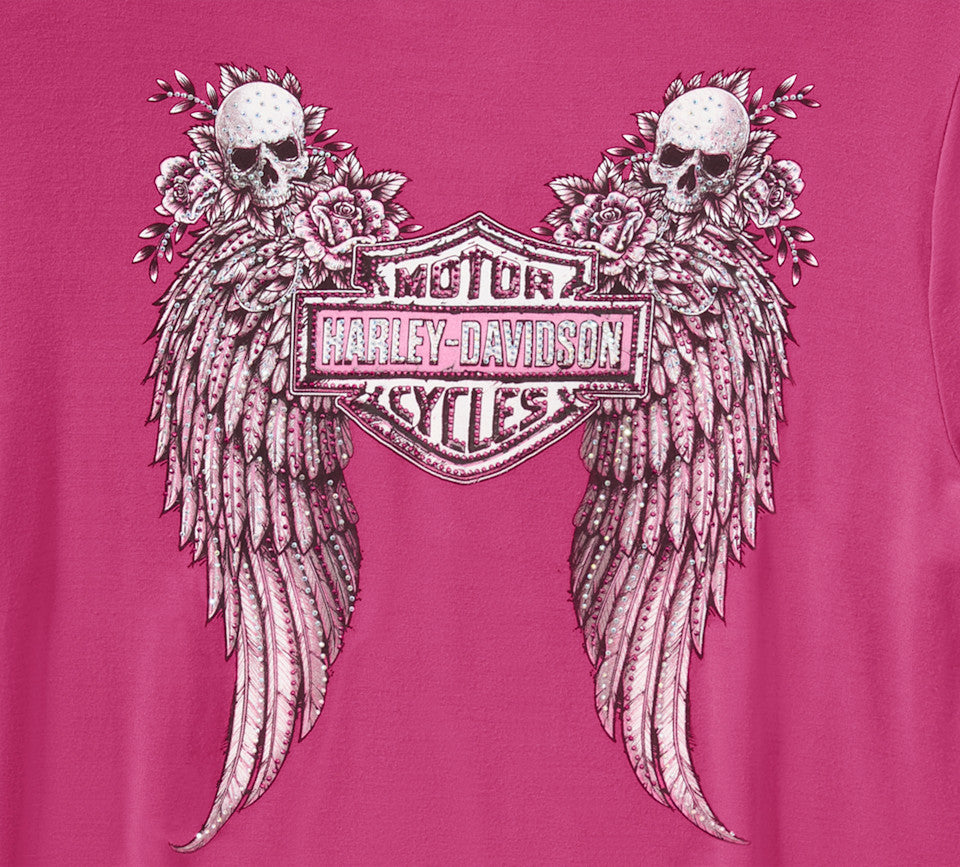 Harley-Davidson® Women's Bling Angel Wings Short Sleeve Laced Front Tee - Fuchsia