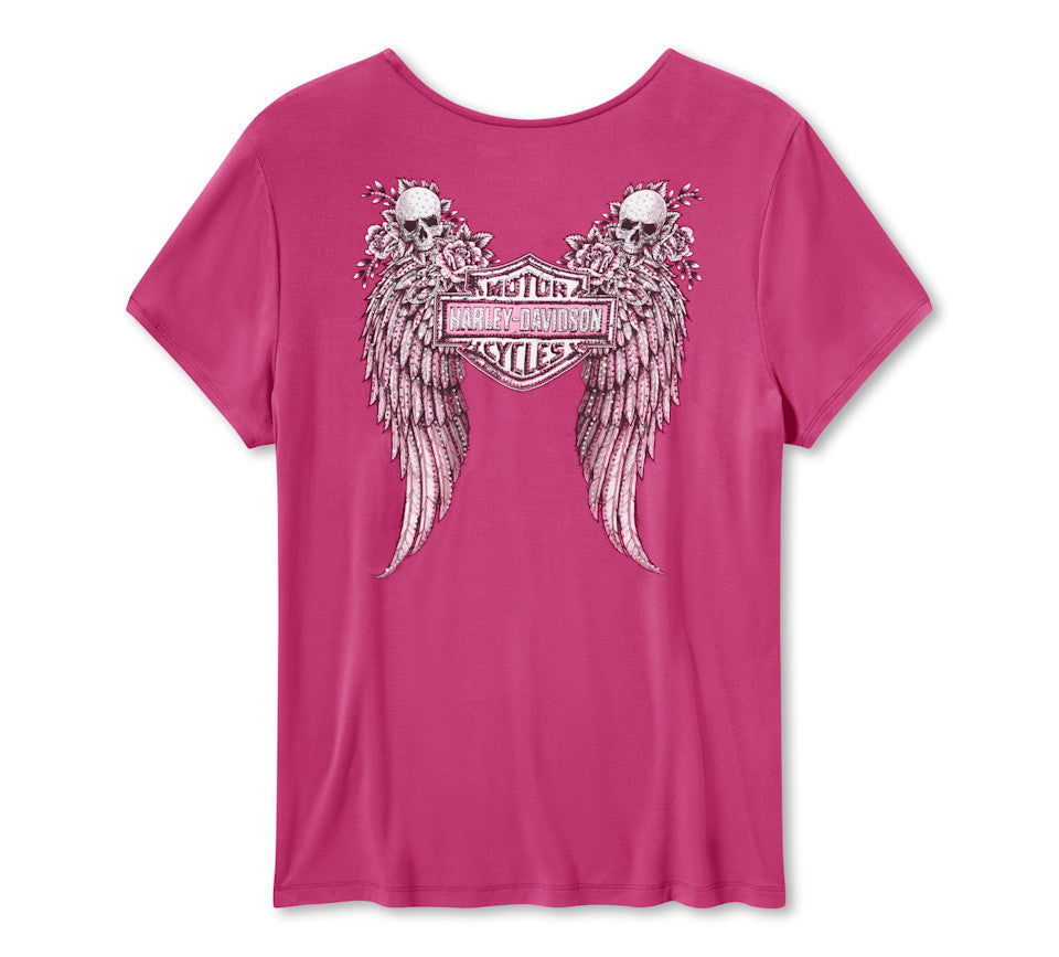 Harley-Davidson® Women's Bling Angel Wings Short Sleeve Laced Front Tee - Fuchsia