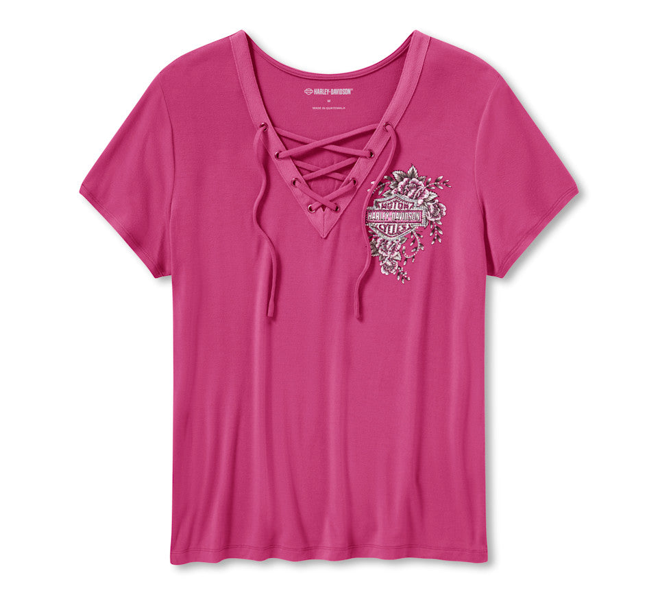 Harley-Davidson® Women's Bling Angel Wings Short Sleeve Laced Front Tee - Fuchsia