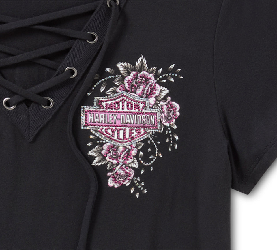 Harley-Davidson® Women's Bling Angel Wings Short Sleeve Laced Front Tee - Harley Black