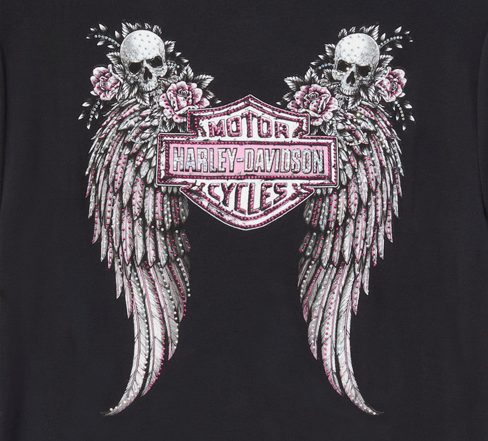 Harley-Davidson® Women's Bling Angel Wings Short Sleeve Laced Front Tee - Harley Black