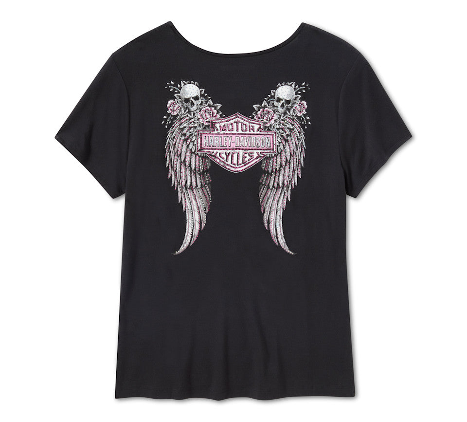 Harley-Davidson® Women's Bling Angel Wings Short Sleeve Laced Front Tee - Harley Black