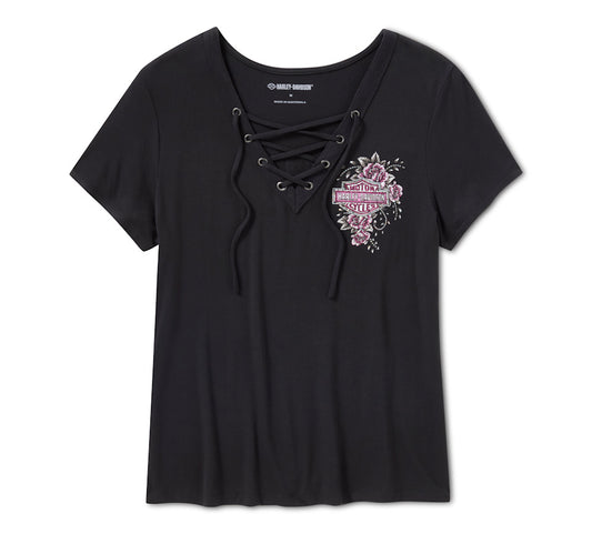 Harley-Davidson® Women's Bling Angel Wings Short Sleeve Laced Front Tee - Harley Black