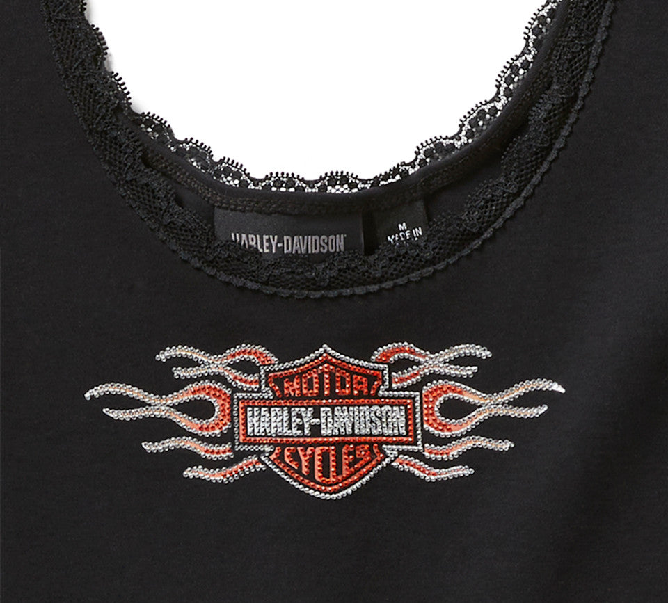 Harley-Davidson® Women's Vintage Flames Bling Lace Trim Tank - Harley Black