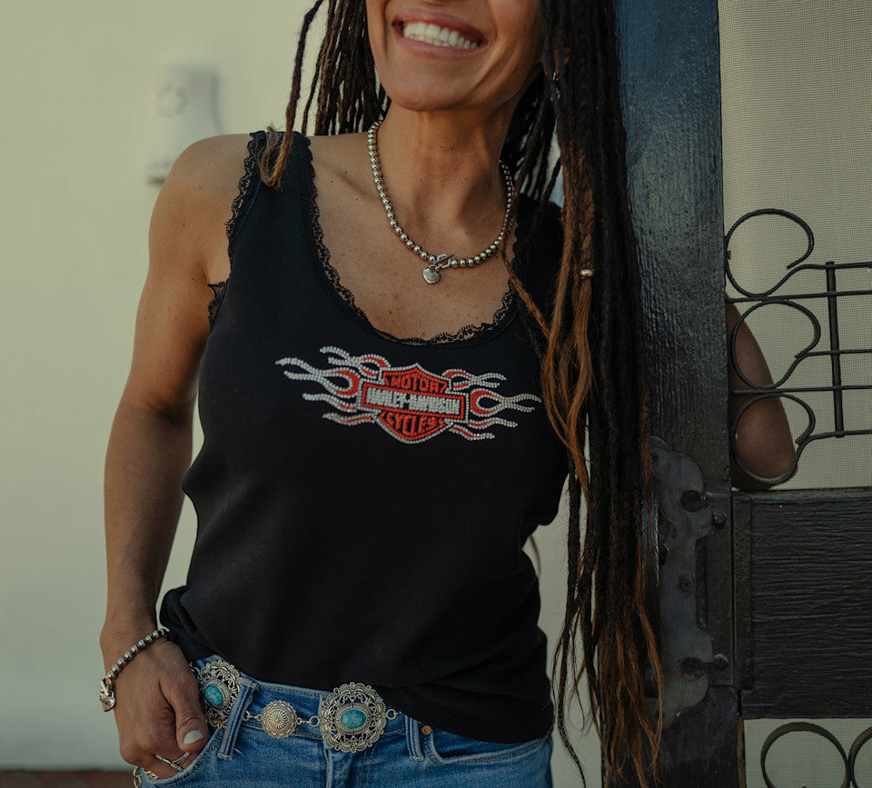 Harley-Davidson® Women's Vintage Flames Bling Lace Trim Tank - Harley Black