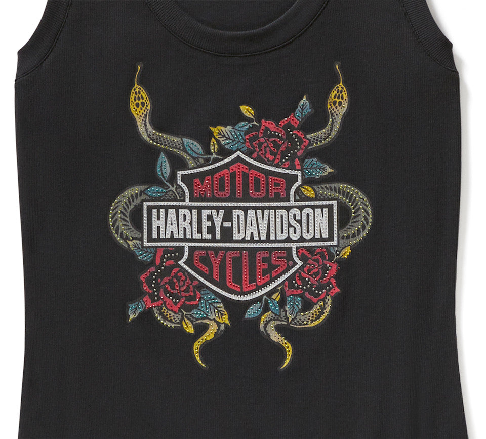 Harley-Davidson® Women's Serpent Rose Bling Ribbed Tank - Harley Black