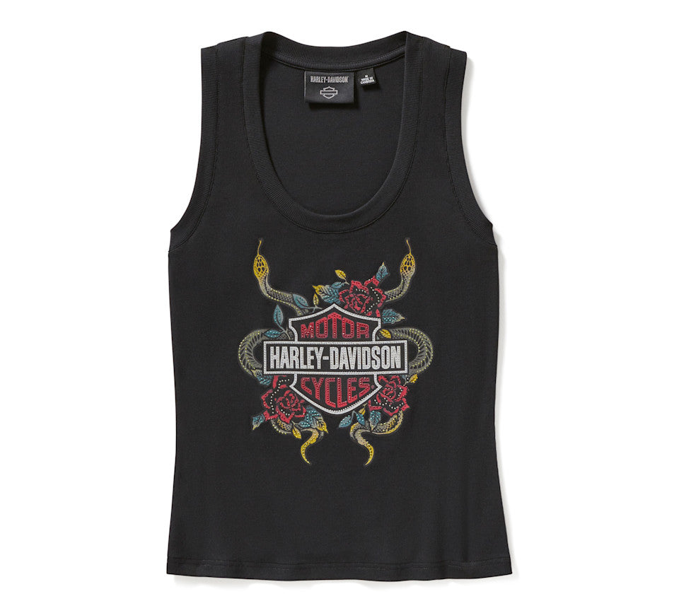 Harley-Davidson® Women's Serpent Rose Bling Ribbed Tank - Harley Black