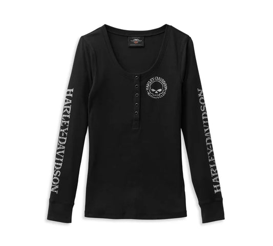 Harley-Davidson® Women's Willie G Skull Snap Front Long Sleeve Henley - Black Beauty