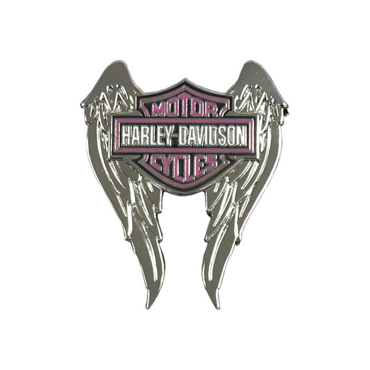 Harley-Davidson® 1.5 inch Pink Bar & Shield Winged Pin - Shiny Silver Finish