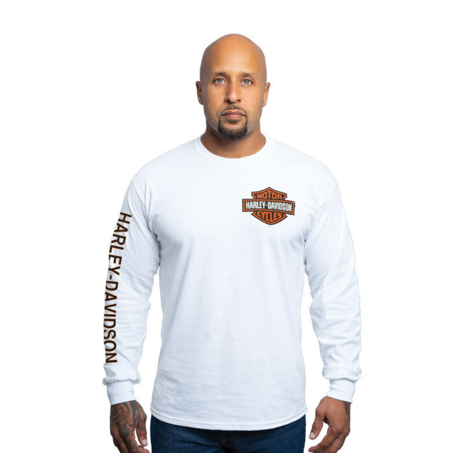 Gasoline Alley Harley-Davidson® Left Chest Bar & Shield Long Sleeve Dealer Tee - White