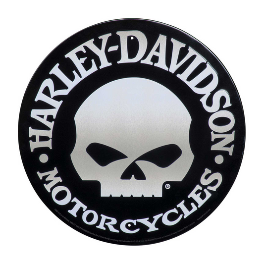 Harley-Davidson® Round Tin Sign - Brushed Silver Willie G Skull Logo