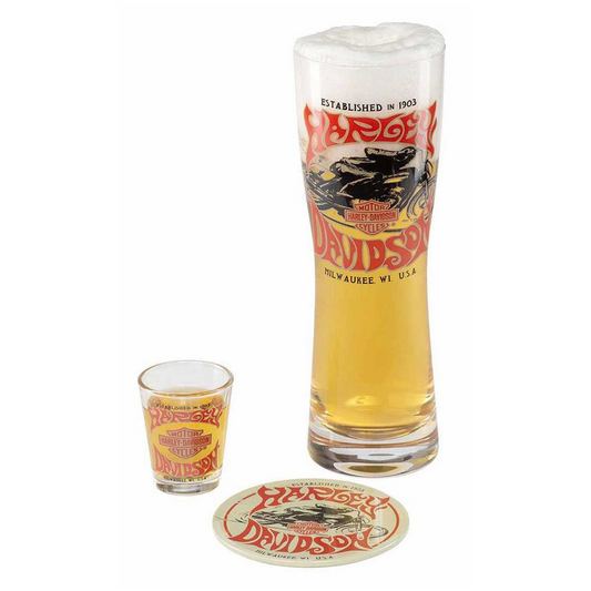 Harley-Davidson® 1970s Racer Pilsner & Shot Glass Gift Set w/Matching Tin Coaster