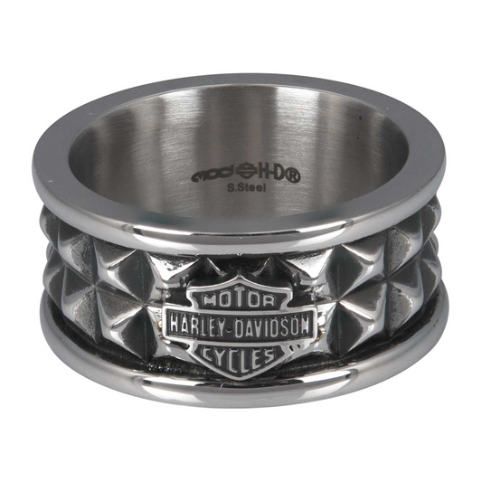 Harley-Davidson® Men's Pyramid Steel Stud Bar & Shield Band Ring- Stainless Steel