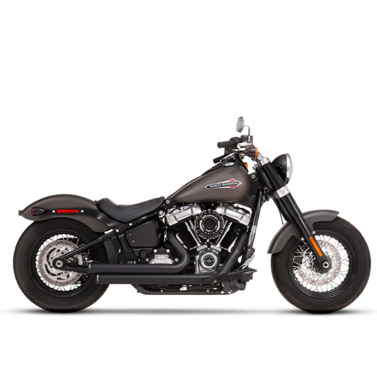 Rinehart Exhaust - 2-into-2 Staggered Exhaust – Black with Black End Caps. Fits Softail 2018up with Forward Controls