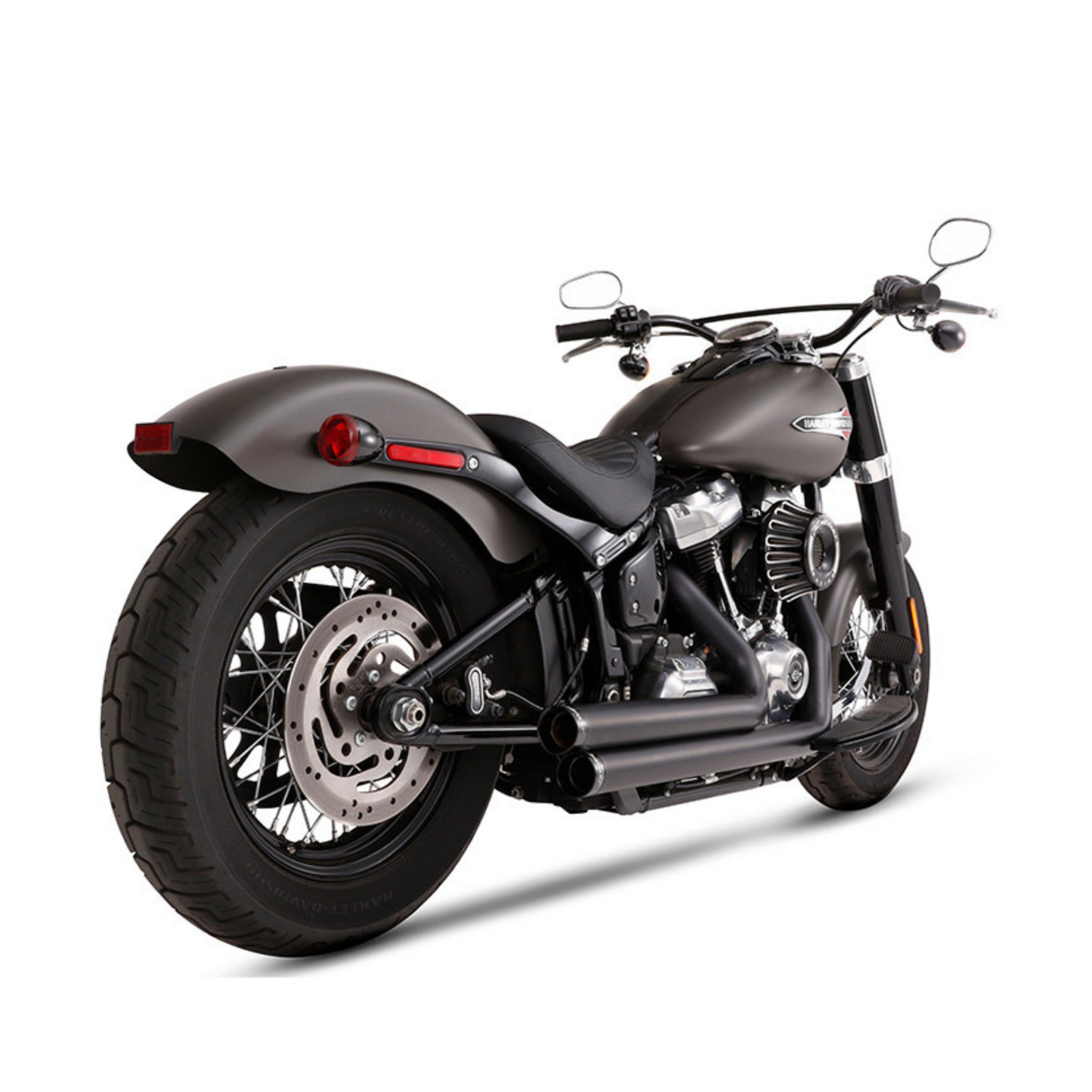 Rinehart Exhaust - 2-into-2 Staggered Exhaust – Black with Black End Caps. Fits Softail 2018up with Forward Controls