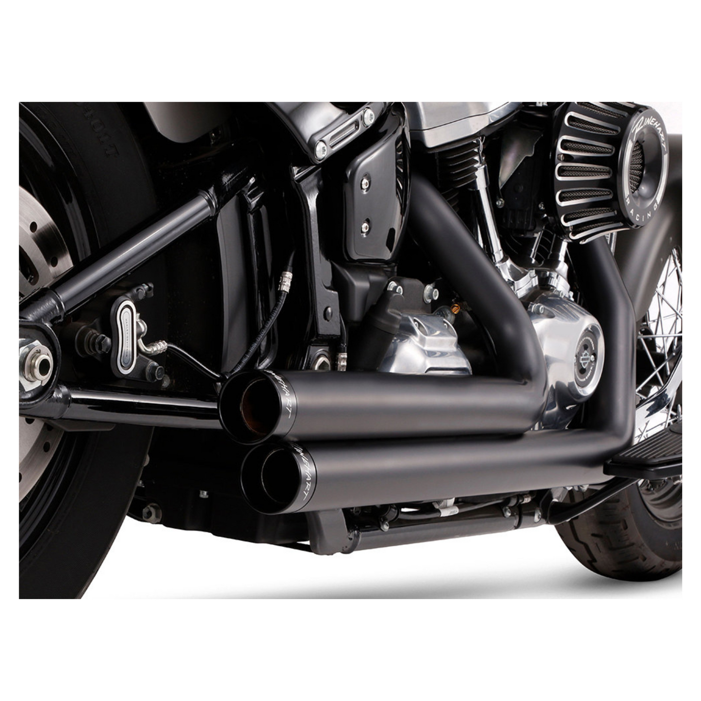 Rinehart Exhaust - 2-into-2 Staggered Exhaust – Black with Black End Caps. Fits Softail 2018up with Forward Controls