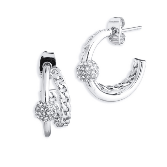 Harley-Davidson® Women's Double Hoop With Curb Chain & Ball Accent Pave Earrings