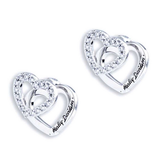 Harley-Davidson® Women's Double Interlocked Heart Crystal Stud Earrings - Silver