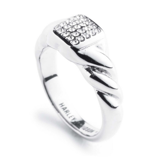 Harley-Davidson® Women's Pave Crystal Center Twisted Signet Ring - Stainless Steel