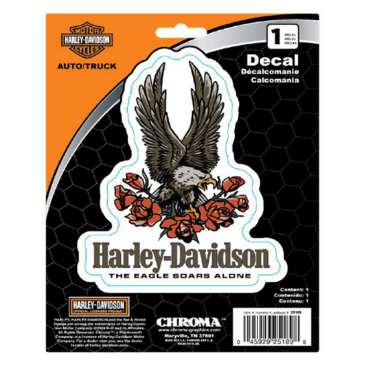 Harley-Davidson® Text & Eagle with Roses Vinyl Decal - Black - 6 x 8 in.